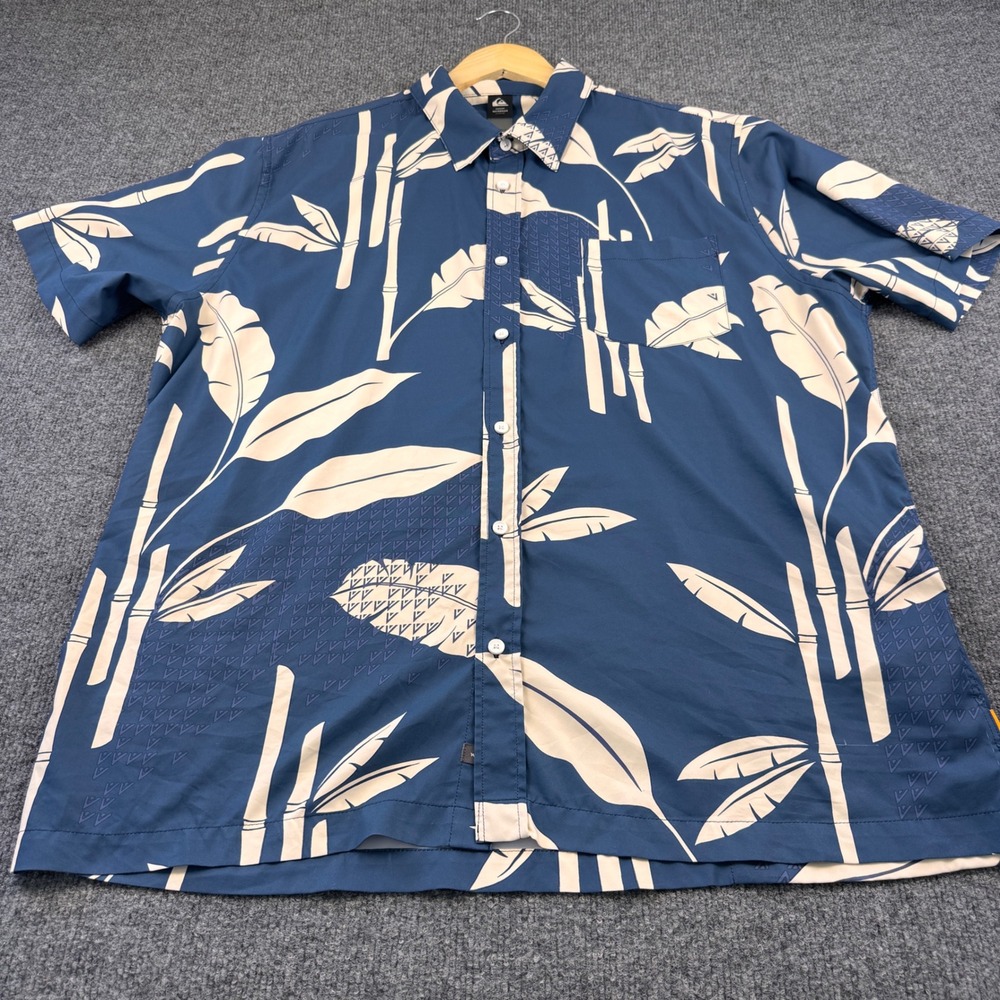 Quiksilver Waterman Shirt Mens XXL Blue Tropical Bamboo Short Sleeve Good